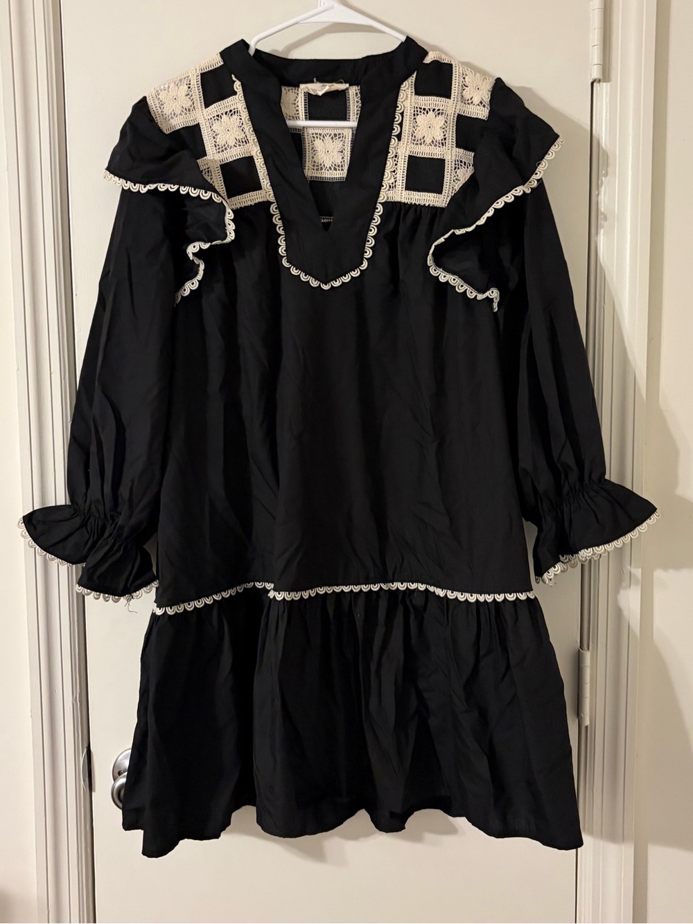 Entro Boutique Black 3/4 Sleeve Crochet Lace Drop Waist Dress Size Large